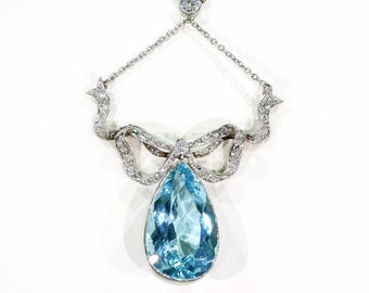 Collana edoardiana con fiocco in diamanti e acquamarina, platino, c. 1910