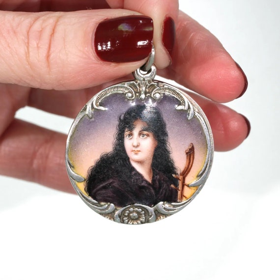 Antique Art Nouveau Silver Enamel Locket Woman Mo… - image 8