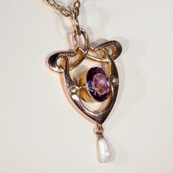 Antique Gold Art Nouveau Pearl Amethyst Pendant - image 2