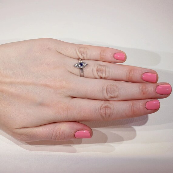Edwardian Sapphire Diamond Ring Navette Cluster S… - image 7