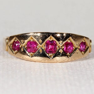 Victorian 5 Stone Ruby Ring in 15k Gold Size 7.75, Birmingham 1878