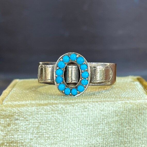 Victorian Turquoise Buckle Ring 18k Gold Size 9.25 - image 1