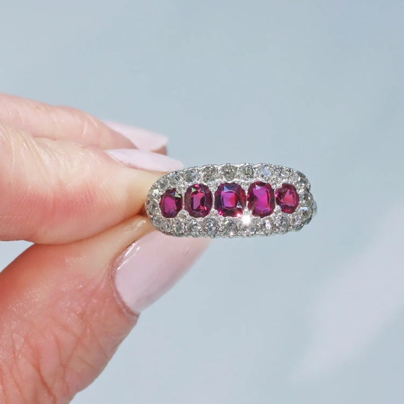 Edwardian Platinum Ruby Diamond Ring Size 9 - image 5