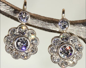 Antique Victorian Diamond Cluster Earrings in 15k Gold and Silver, 3ctw - VIDEO