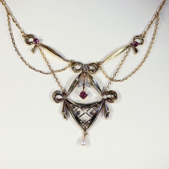 Victorian Gold Silver Ruby Diamond Pearl Necklace - image 2