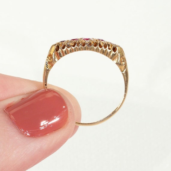 Edwardian 5 Stone Ruby Diamond Ring - image 4
