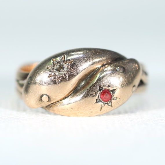 Edwardian Double Snake Ruby Diamond Ring 9k Gold … - image 1