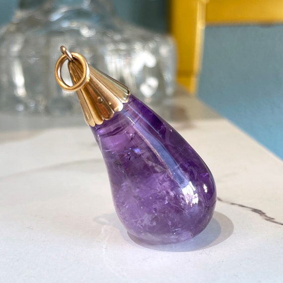 Antique Pendant Carved Amethyst Pear with 15k Gol… - image 3