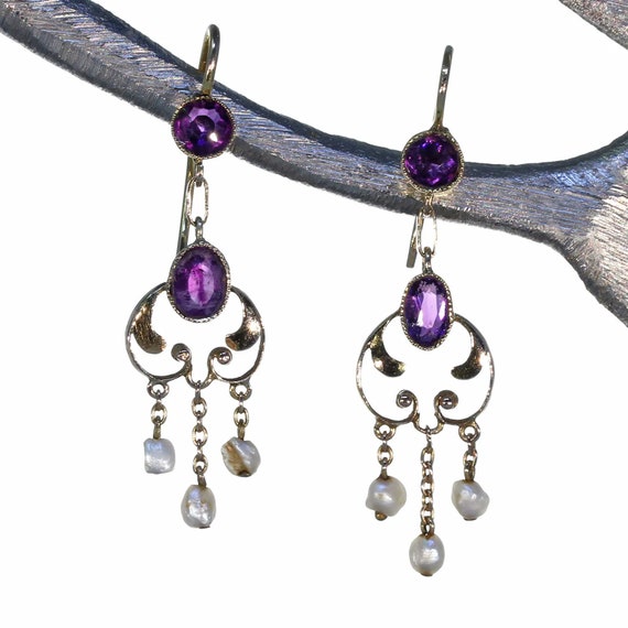 Antique Art Nouveau Amethyst Pearl Earrings Gold