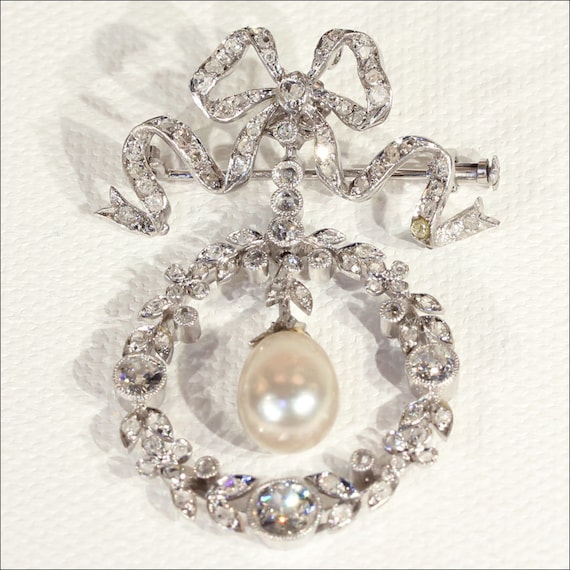 Edwardian Diamond, Pearl and Platinum Pendant Bro… - image 2