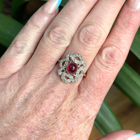 Antique Cabochon Ruby Diamond Ring 18k Gold Plati… - image 9
