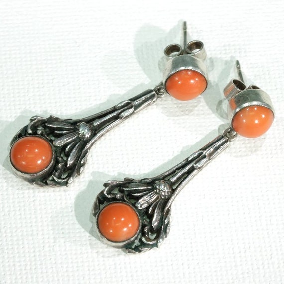 Antique Sterling Silver Coral Art Nouveau Earrings