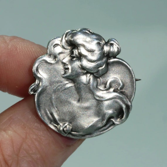 Antique Art Nouveau Silver Woman Brooch Pin - image 6