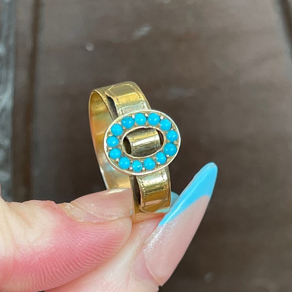 Victorian Turquoise Buckle Ring 18k Gold Size 9.25 - image 7