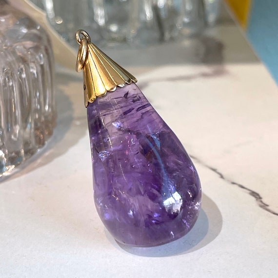 Antique Pendant Carved Amethyst Pear with 15k Gol… - image 6