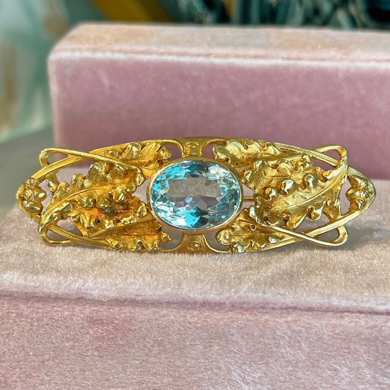 Antique French Art Nouveau Aquamarine and Gold Br… - image 1