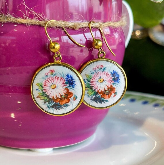 Antique Victorian Gold Enamel Flower Earrings - image 1