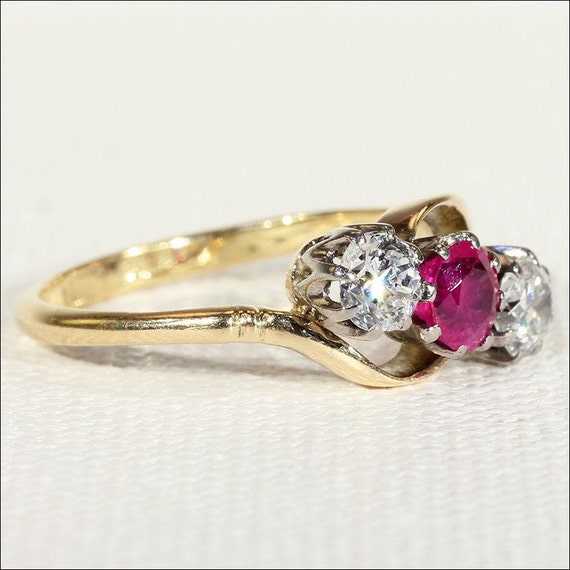 Antique Ruby and Diamond 3 Stone Bypass Ring in 1… - image 2