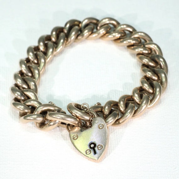 Antique Edwardian Curb Link Bracelet with Heart Lock 9k Gold 8"