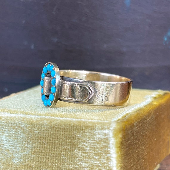 Victorian Turquoise Buckle Ring 18k Gold Size 9.25 - image 2