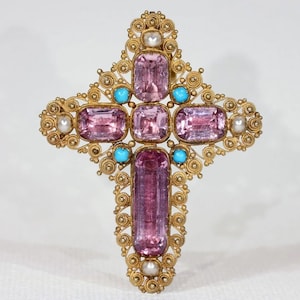Georgian Pink Topaz Cross Pendant Brooch with Pearl and Turquoise