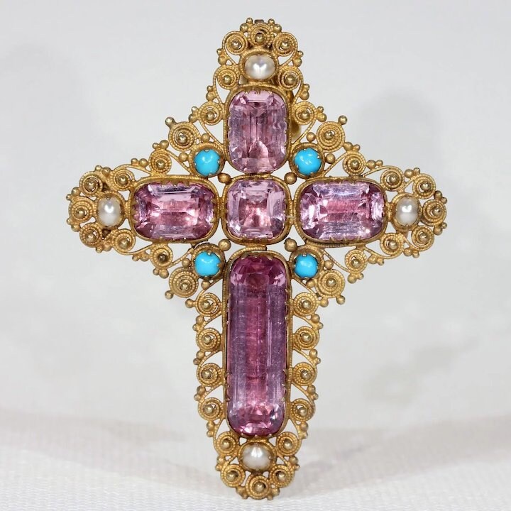 Georgian Pink Topaz Cross Pendant Brooch with Pearl and Turquoise