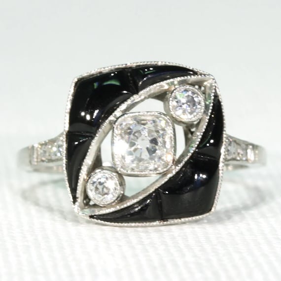 Art Deco Onyx Diamond Ring Platinum 1920s Size 8.5