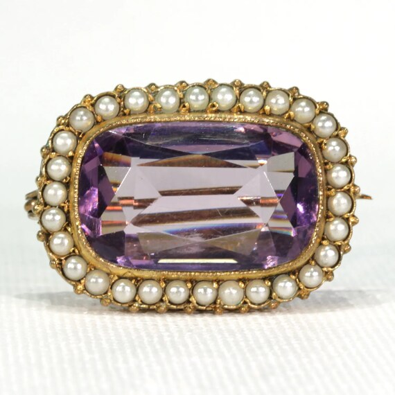 Antique Victorian Amethyst Pearl Brooch Pin Gold - image 1