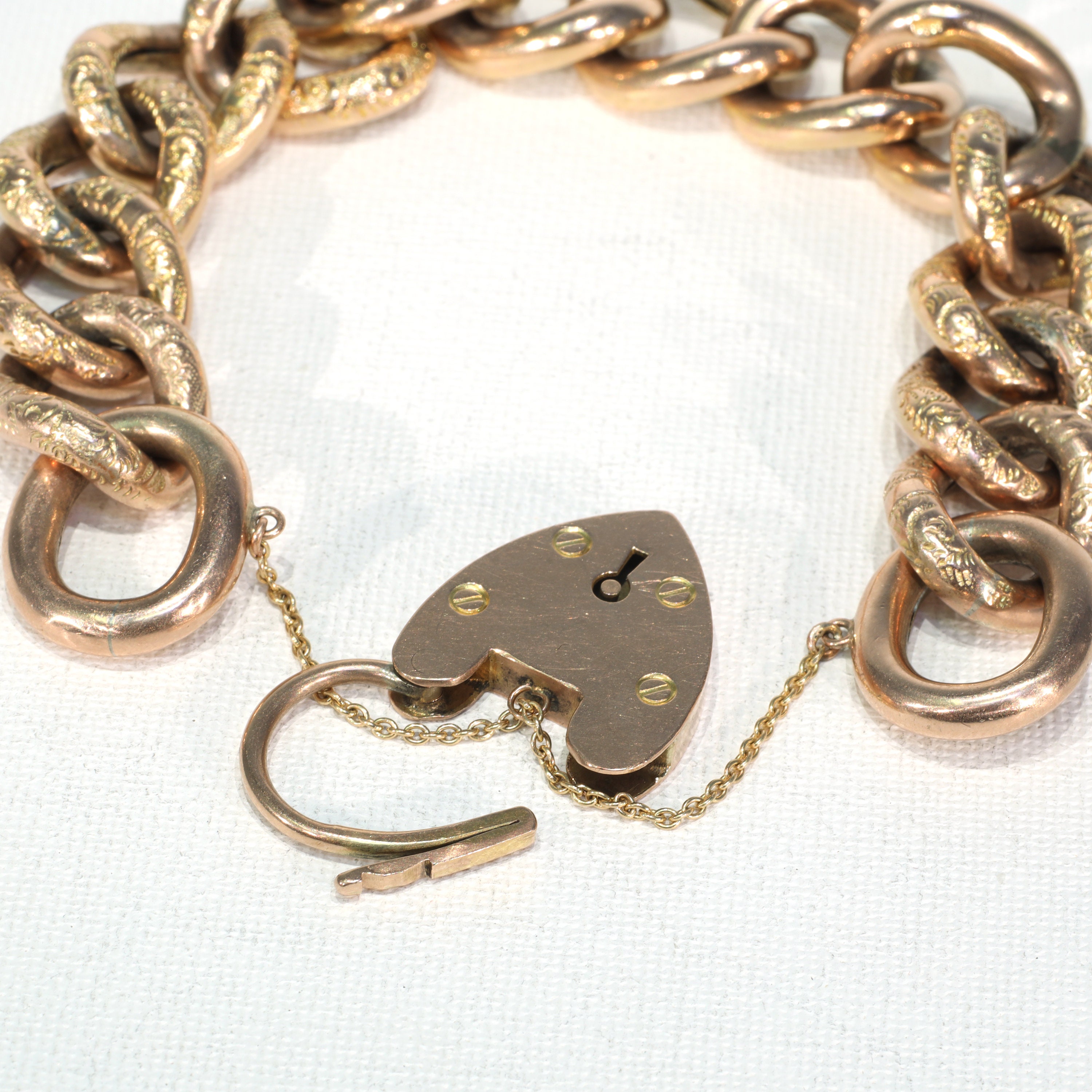 Victorian 9k Gold Curb Link Bracelet Heart Lock Large Chunky Links -  Victoria Sterling