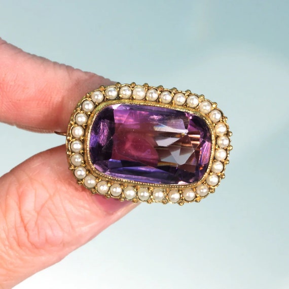 Antique Victorian Amethyst Pearl Brooch Pin Gold - image 7