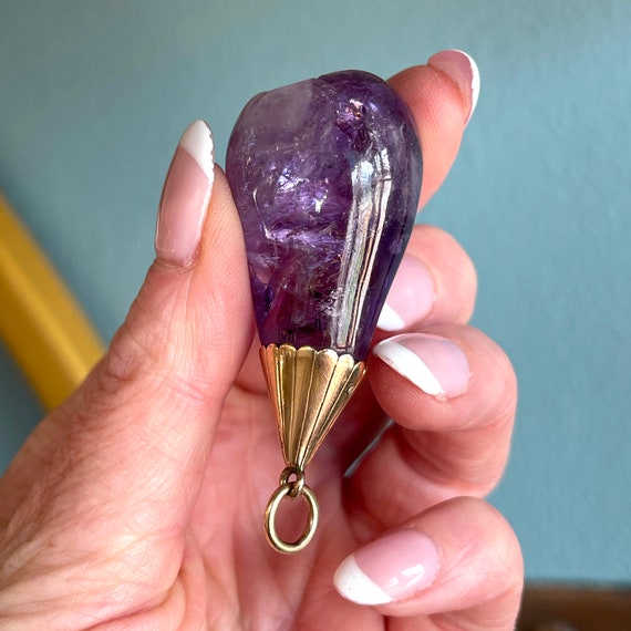 Antique Pendant Carved Amethyst Pear with 15k Gol… - image 9