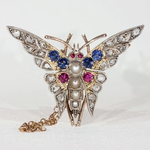 Art Deco Ruby Diamond Sapphire Pearl Brooch Pin B… - image 1