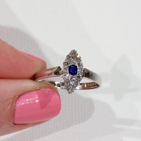 Edwardian Sapphire Diamond Ring Navette Cluster S… - image 6