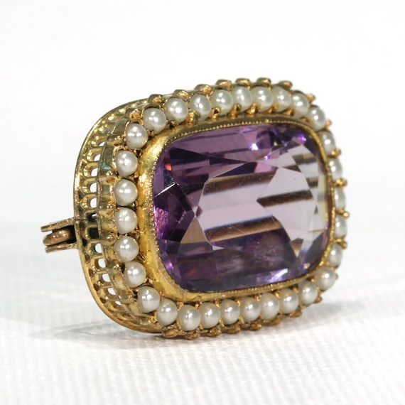 Antique Victorian Amethyst Pearl Brooch Pin Gold - image 2