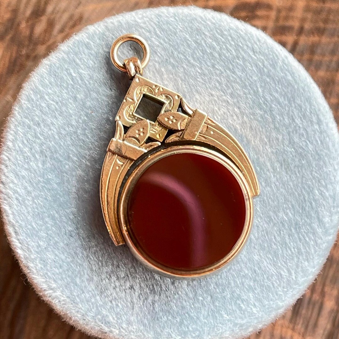 Victorian 9K Gold Carnelian and Bloodstone Spinner Fob Pendant, C