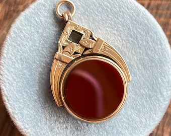 Victorian 9K Gold Carnelian and Bloodstone Spinner Fob Pendant, c.1870s