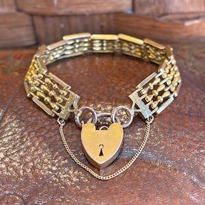 Antique Victorian 9k Gold Gate Bracelet with Heart Lock 7.5&quot;