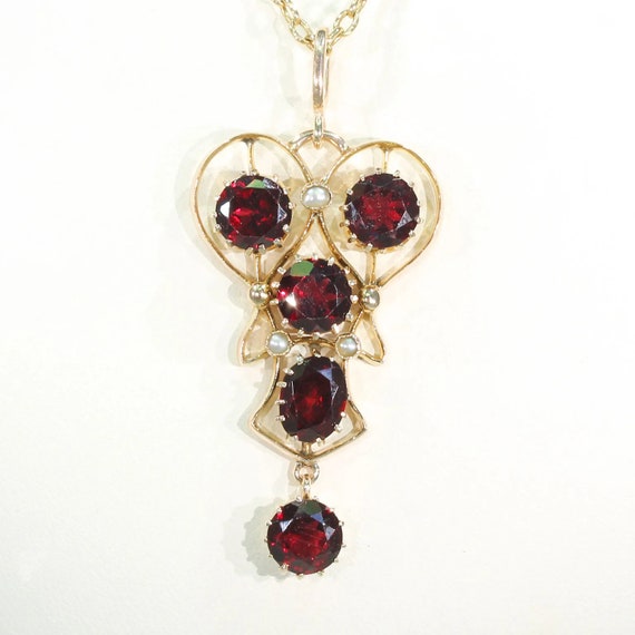 Edwardian Garnet & Pearl Drop Pendant 9K - image 1