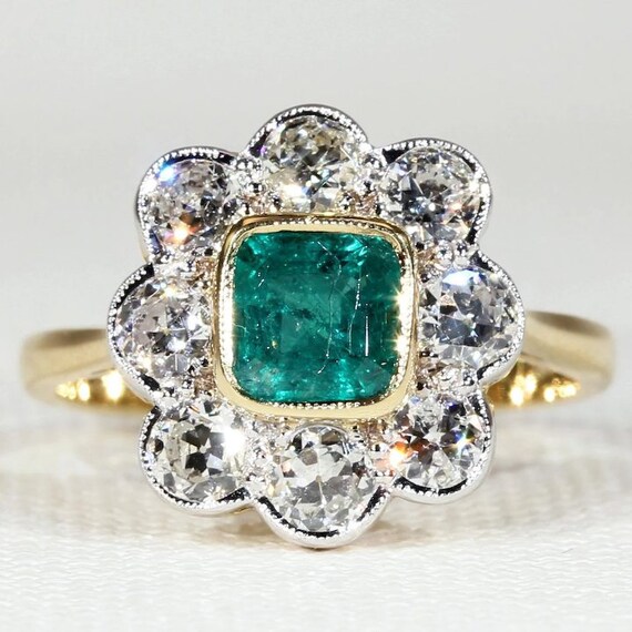 1960s Diamond Emerald Cluster Halo Ring 18 Karat Gold Platinum | Etsy