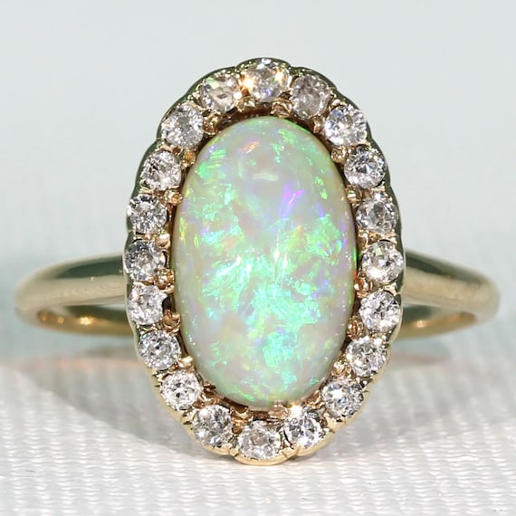 Edwardian Opal Diamond Cluster Ring 14k Gold Size… - image 1