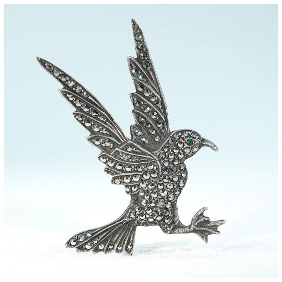 Vintage Marcasite Bird in Flight Brooch Pin Silver - image 1