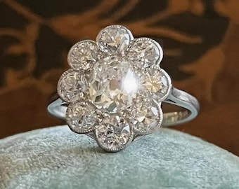 Edwardian Platinum Old European Cut Diamond Cluster Engagement Ring, c. 1915