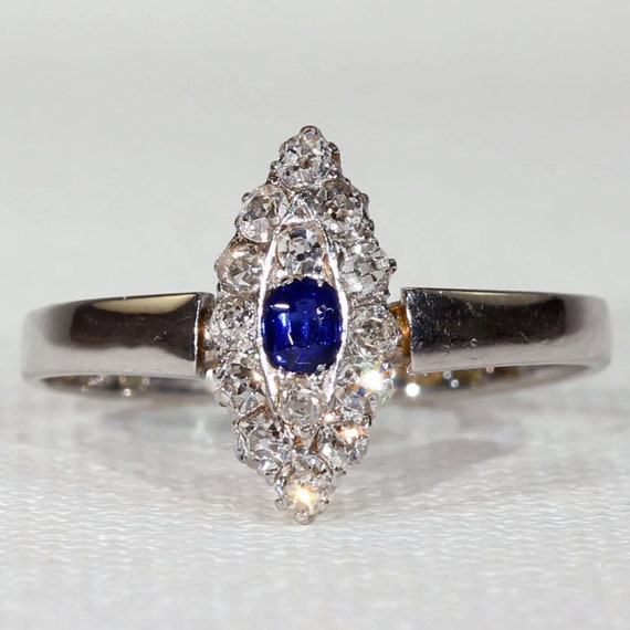 Edwardian Sapphire Diamond Ring Navette Cluster S… - image 1