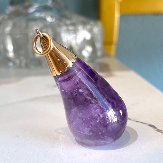 Antique Pendant Carved Amethyst Pear with 15k Gol… - image 5