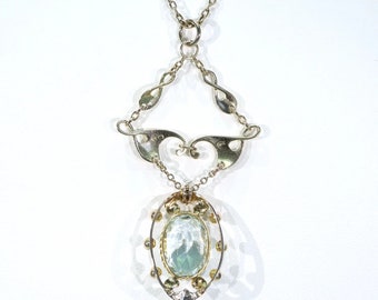 Collier Pendentif Art Nouveau – Aigue-marine Et Perle – Doré Vieilli – Femme