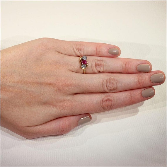 Antique Ruby and Diamond 3 Stone Bypass Ring in 1… - image 3