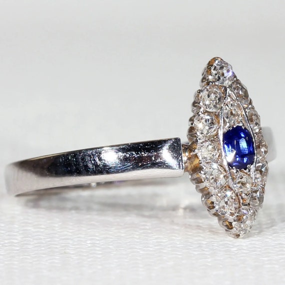 Edwardian Sapphire Diamond Ring Navette Cluster S… - image 2