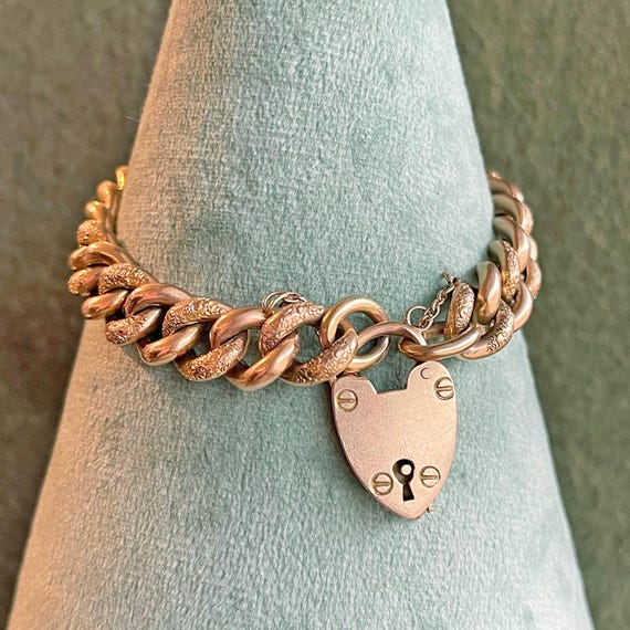 Antique Engraved Curb Link Bracelet, 15k Gold With Heart Lock - Etsy