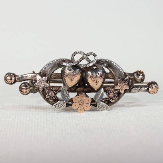Victorian Silver Double Heart Flower Brooch Pin
