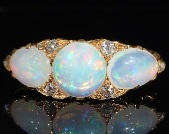 Antique Edwardian 3 Stone Opal and Diamond Ring in 18k Gold
